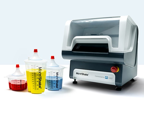 PPG Mix'n'Shake device with containers with blue, yellow and red paint