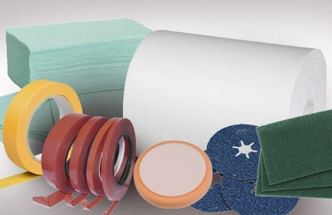 Array of allied products including tapes, towels and sanding pads