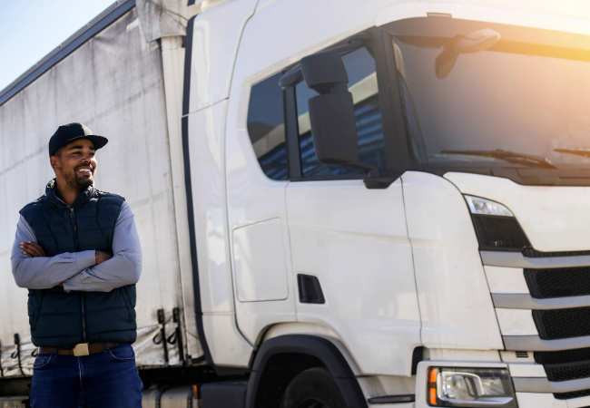 Driver standing in front of a truck coated by PPG paints to extend the life of the long-haul vehicle with corrosion protection.