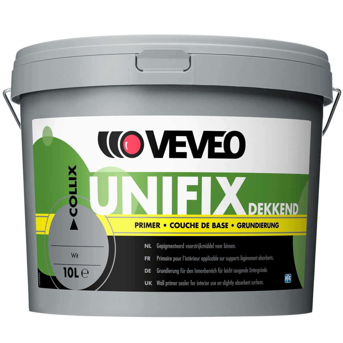 Een emmer verf met een etiket