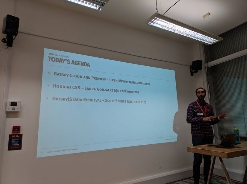 Ilesh mistry presenting at the MMT Tech Meet-up on the topic of GatsbyJS Cloud and Preview with Kontent