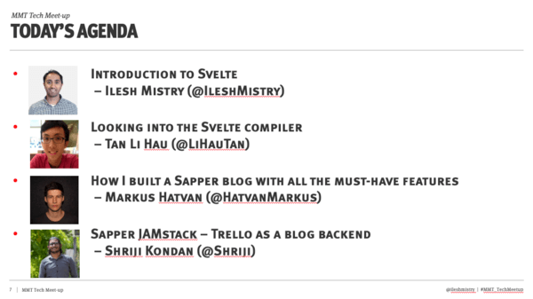 MMT Tech Meet-up featuring SvelteJS agenda