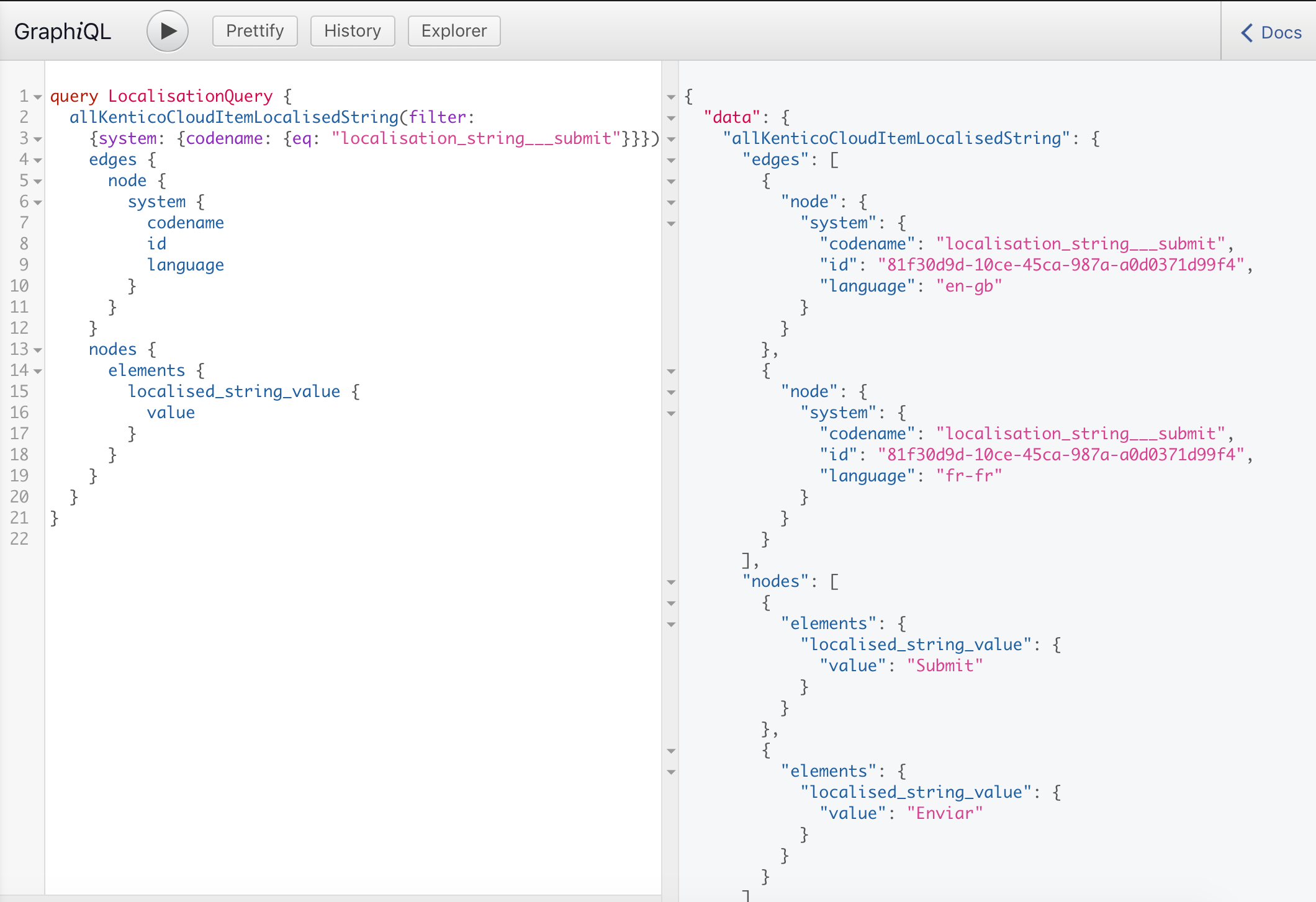 GraphiQL retrieve language nodes localised strings condition codename