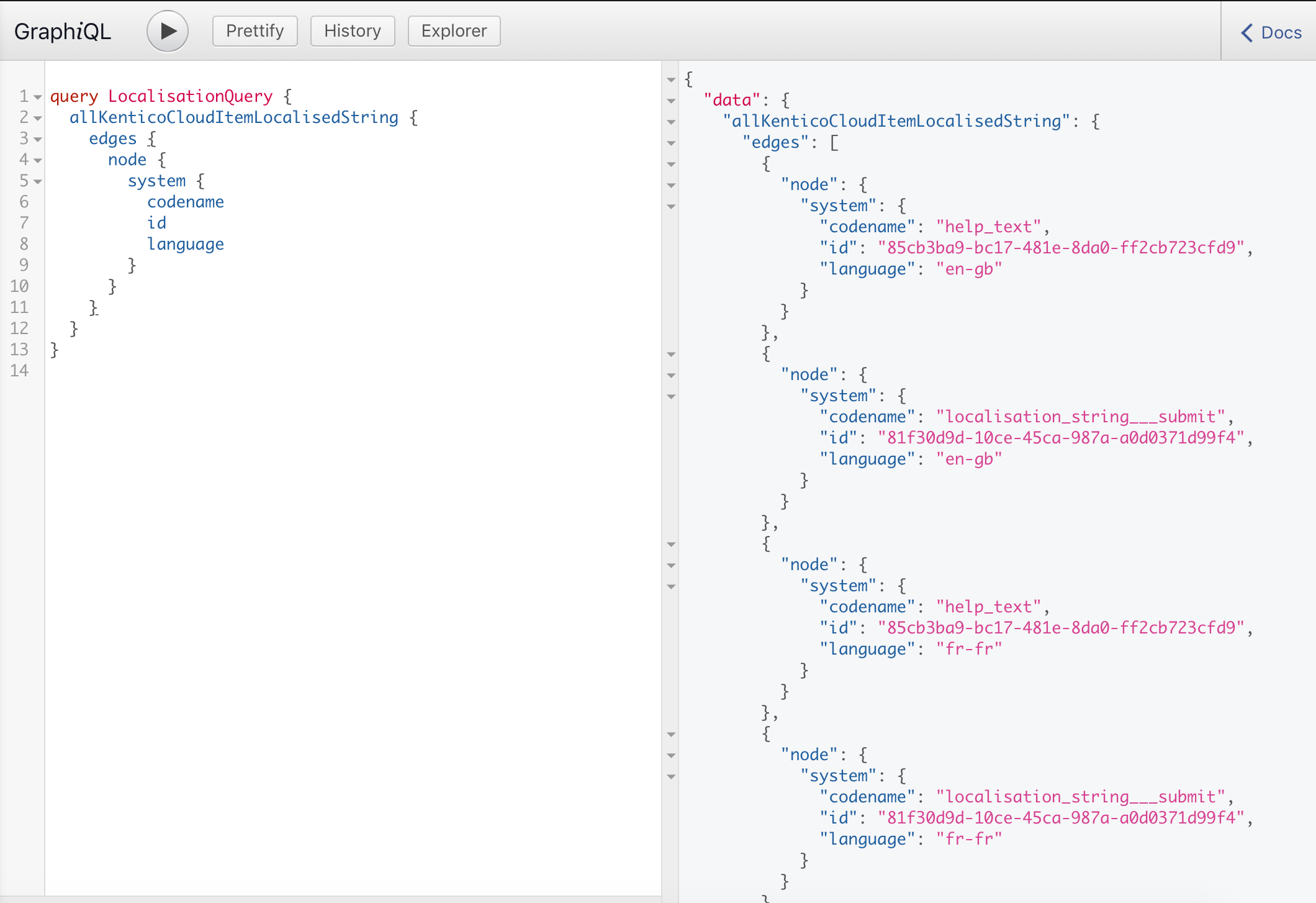 A view of the GraphiQL preview of retrieving language nodes