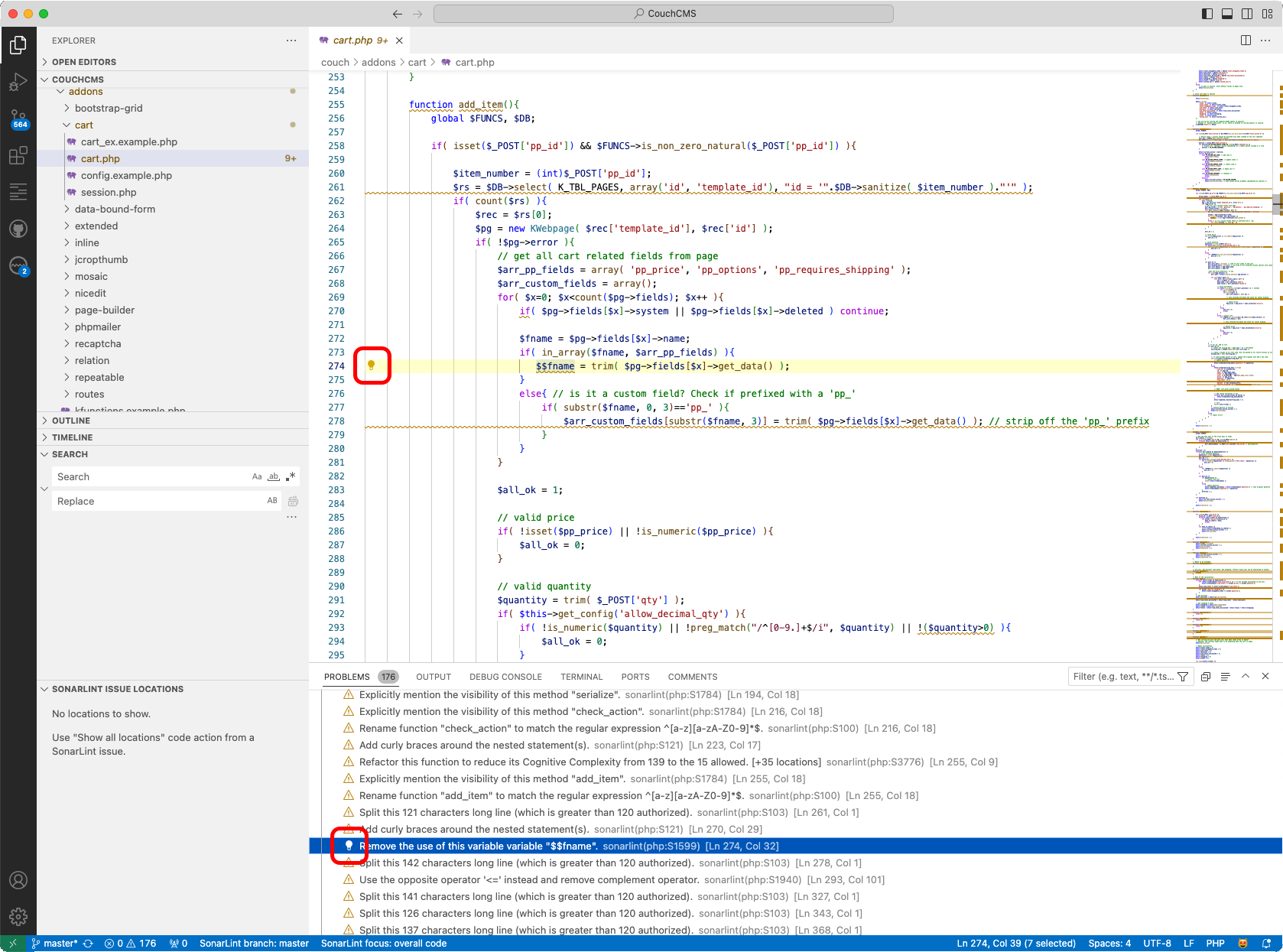 SonarLint uses a lightbulb icon to help point out issues in your code.