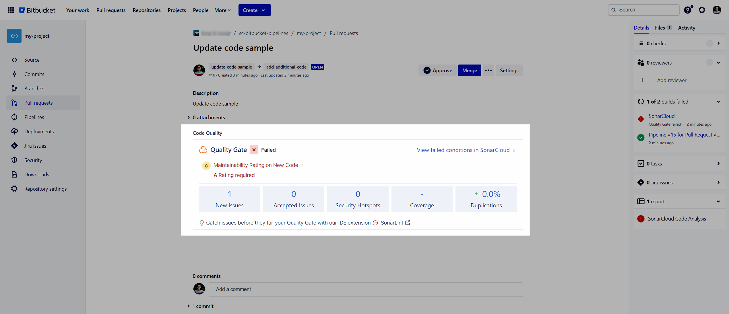 Screenshot of the pull request quality gate widget in BitBucket.