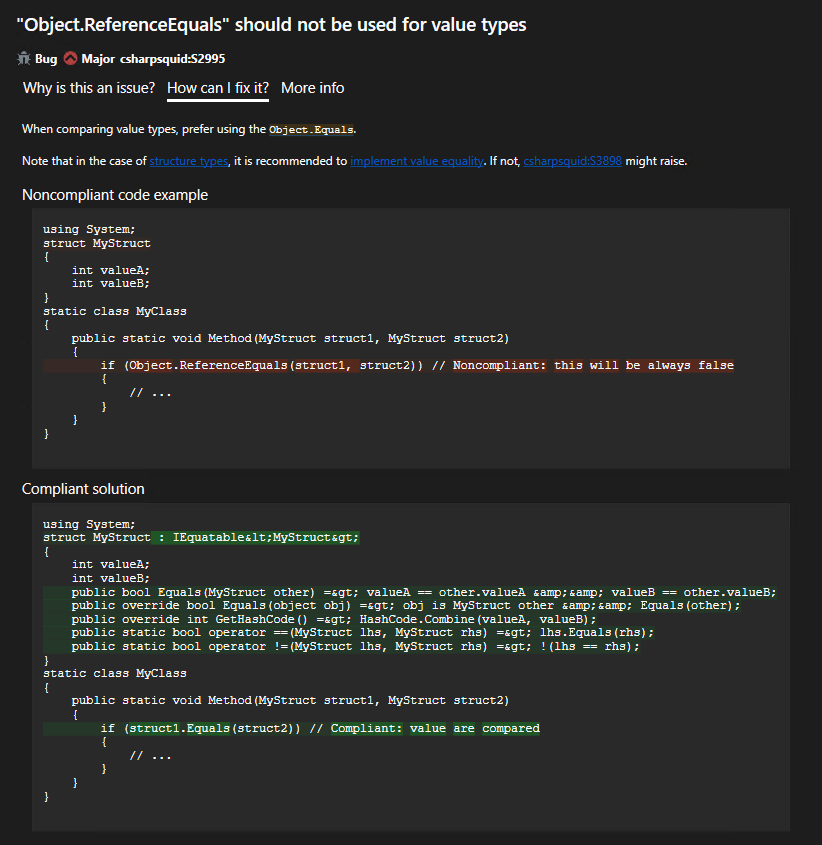 SonarLint will give you a noncompliant (in red) and compliant (in green) code sample when available.