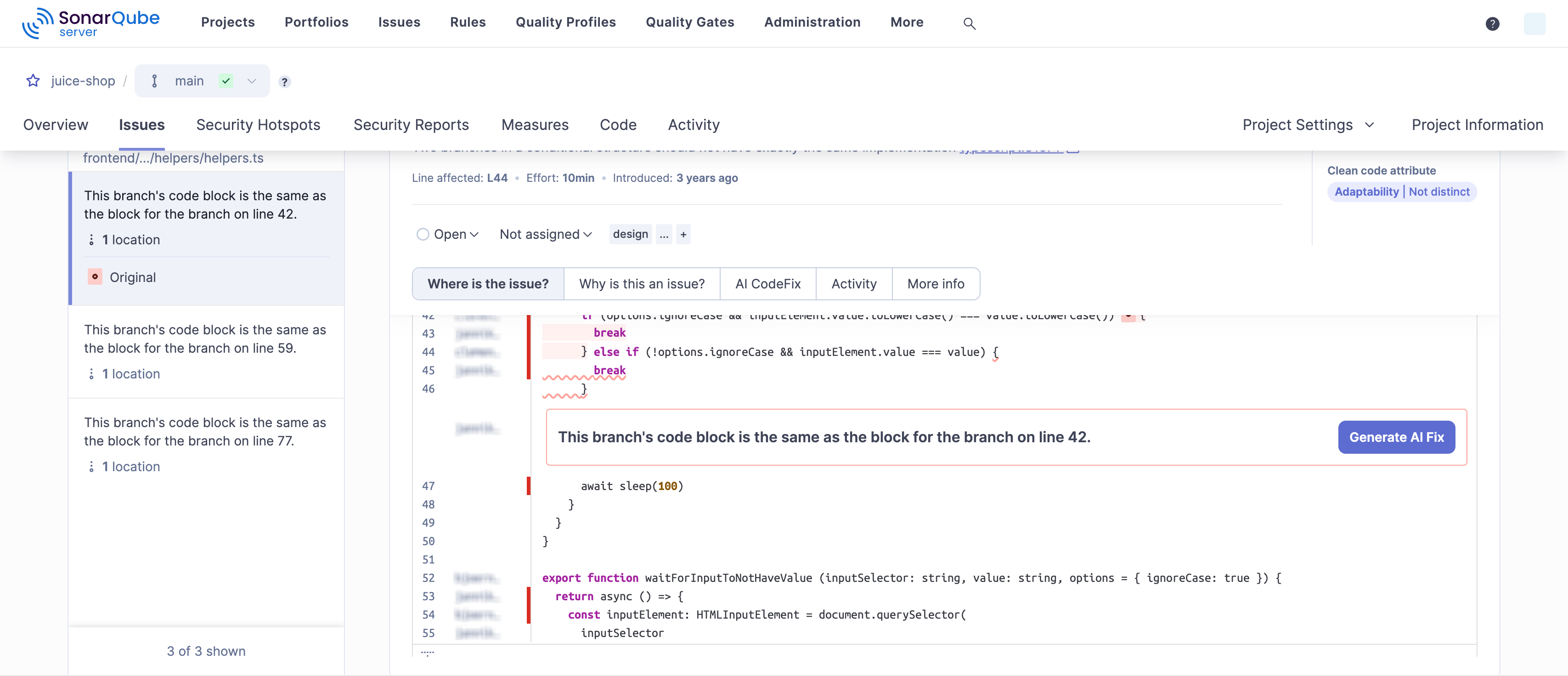 If an AI CodeFix is available for your issue, SonarQube Server will offer a Generate AI Fix button to select.