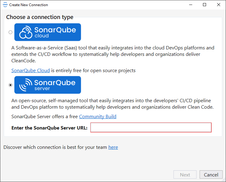 Add the SonarQube Server details to set up your connection with SonarQube for Visual Studio.