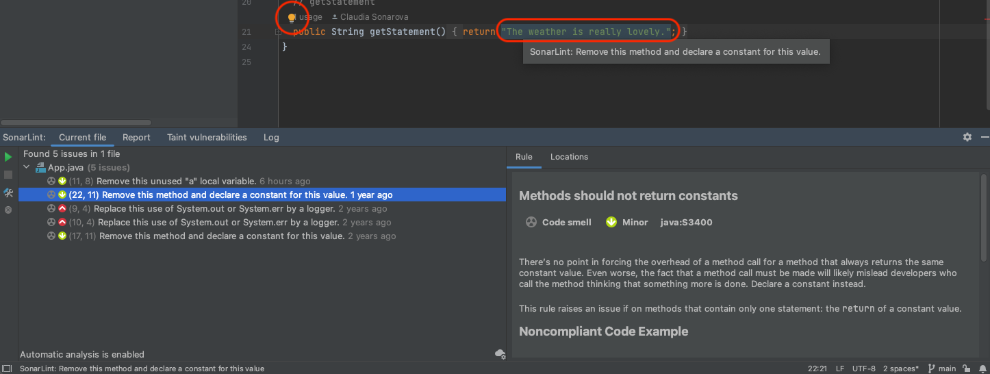 SonarLint will sometimes give you tooltips to help reveal more information about your issue.