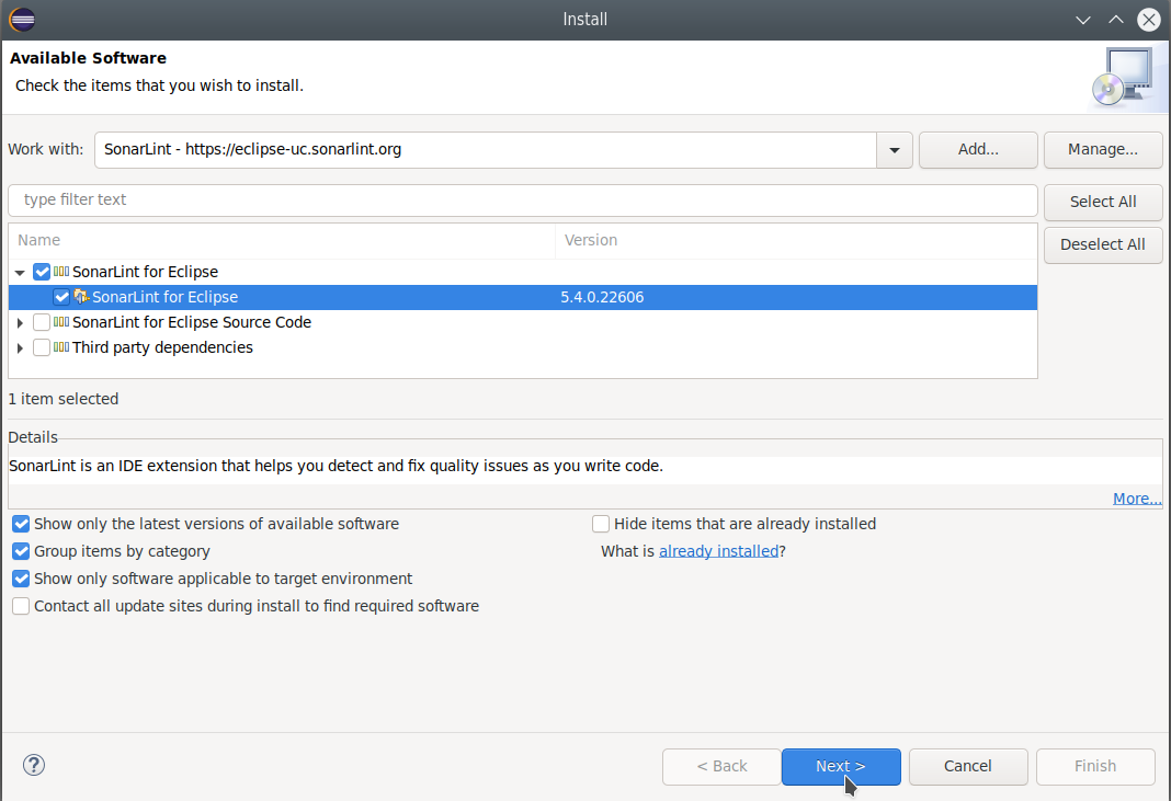 Select the SonarLint dependencies and packages to fit your application.