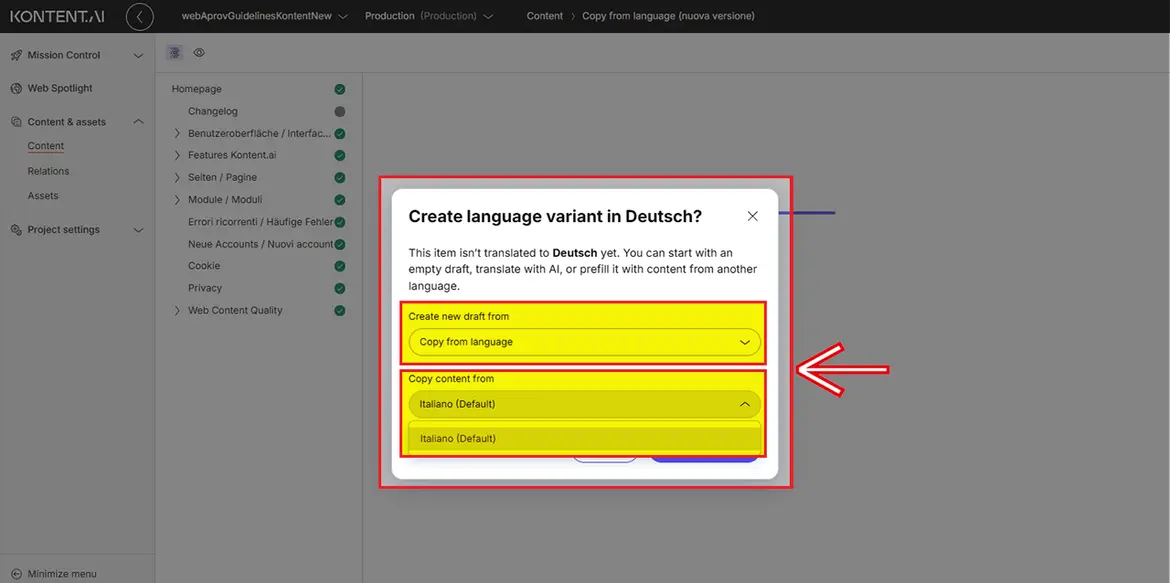 Einstellungen Fenster „Create language variant“ Einstellungen Fenster „Create language variant“