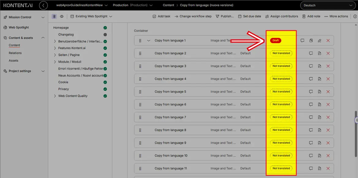 Workflow-Status im „Container“-Bereich Workflow-Status im „Container“-Bereich