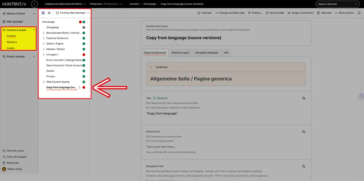Baumstruktur des Projekts Bereich „Content & assets“ Baumstruktur des Projekts Bereich „Content & assets“