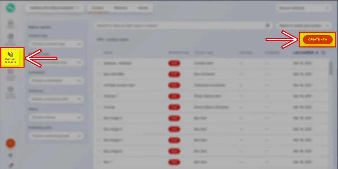 Bereich „Content & Assets“ und Button „Create new“ Bereich „Content & Assets“ und Button „Create new“