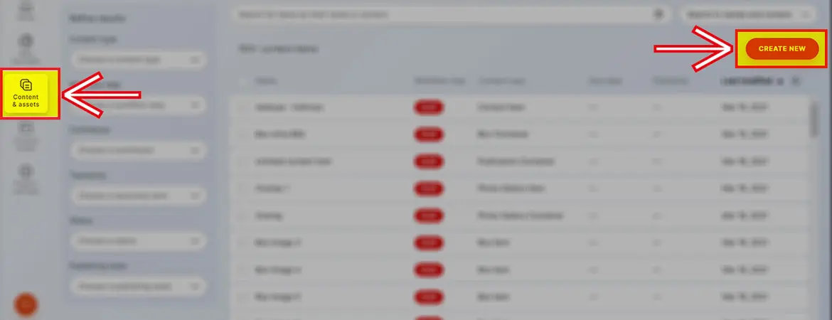 Sezione Content & Assets e bottone Create new Sezione Content & Assets e bottone Create new