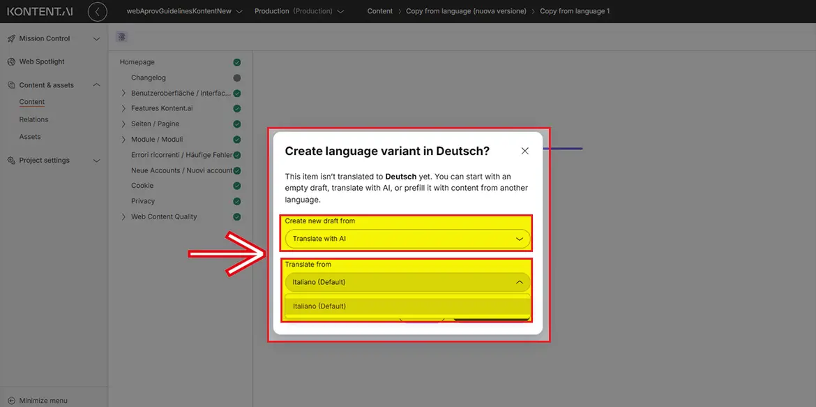 Einstellungen Fenster „Create language variant“ Einstellungen Fenster „Create language variant“