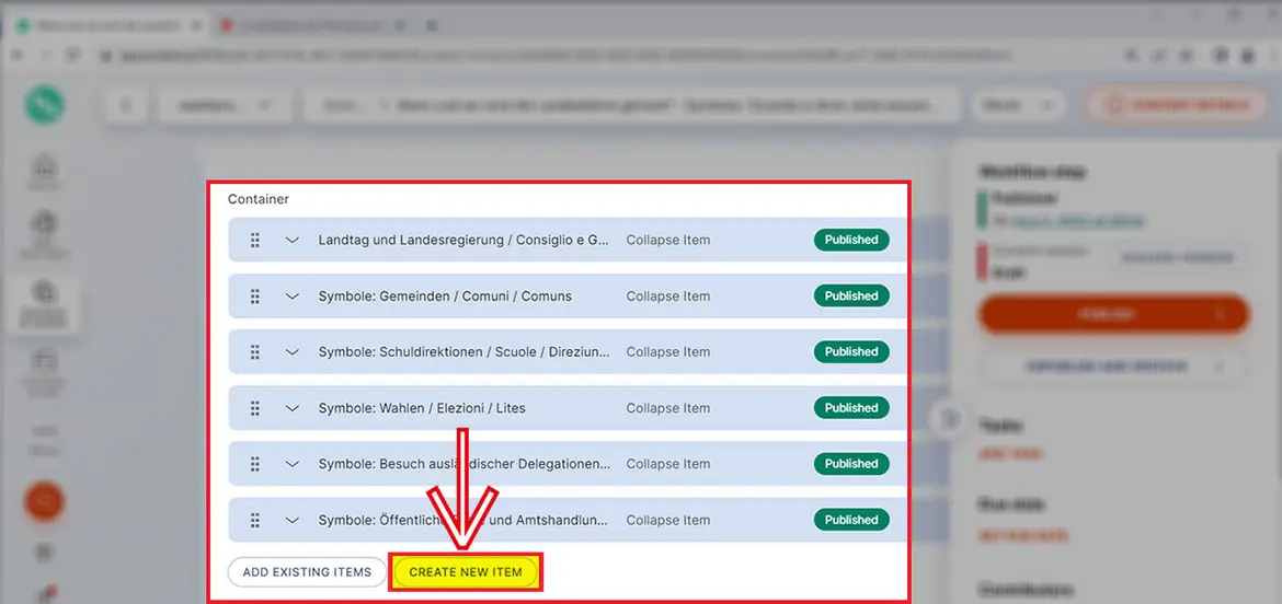 Abschnitt „Container“: Button „Create new item“ Abschnitt „Container“: Button „Create new item“