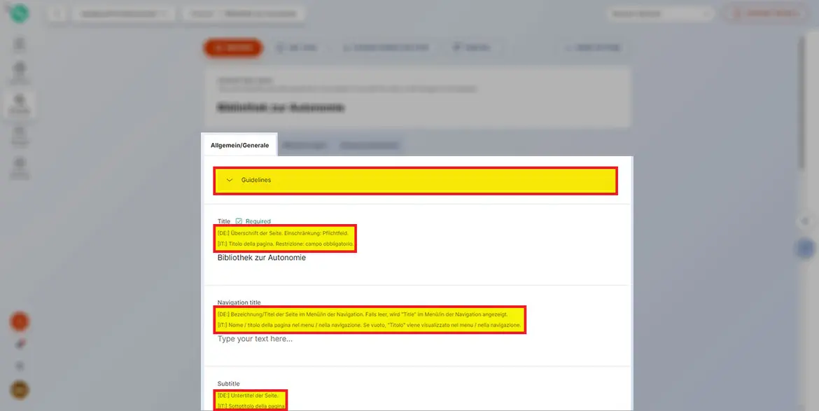 Bereich „Allgemein/Generale“: Eingabehilfe Bereich „Allgemein/Generale“: Eingabehilfe