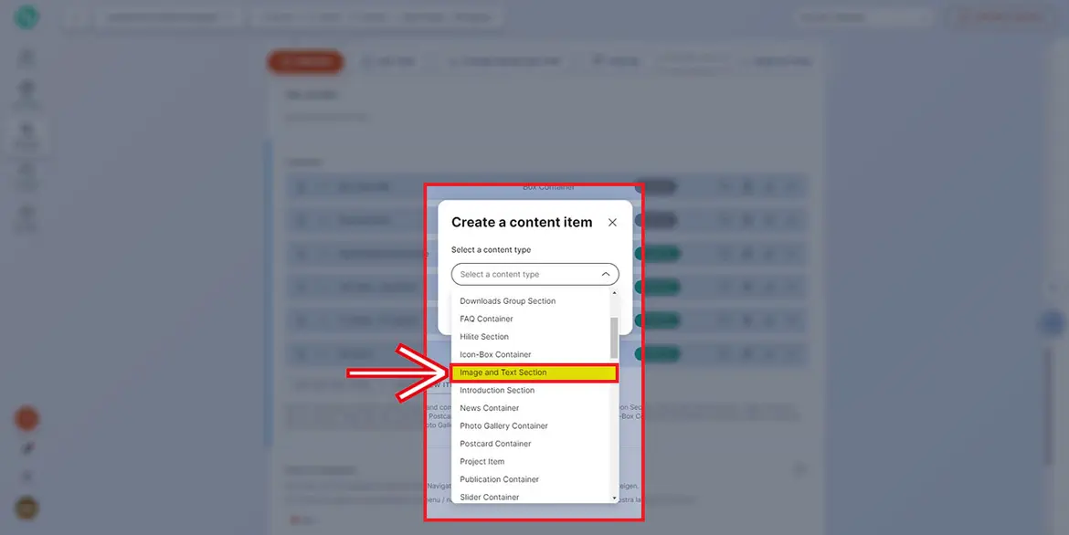 Auswahl „content type“ Auswahl „content type“