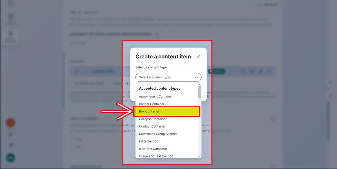 Auswahl „content type“ Auswahl „content type“