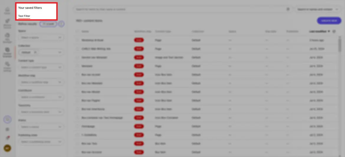 Liste der gespeicherten Filter Liste der gespeicherten Filter