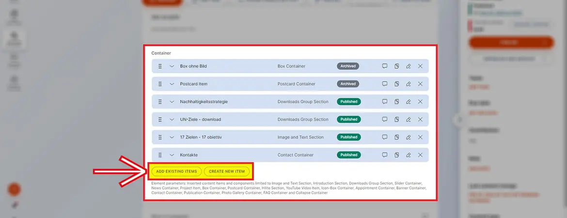 Abschnitt „Container“: Buttons „Add existing items“ und „Create new item“ Abschnitt „Container“: Buttons „Add existing items“ und „Create new item“