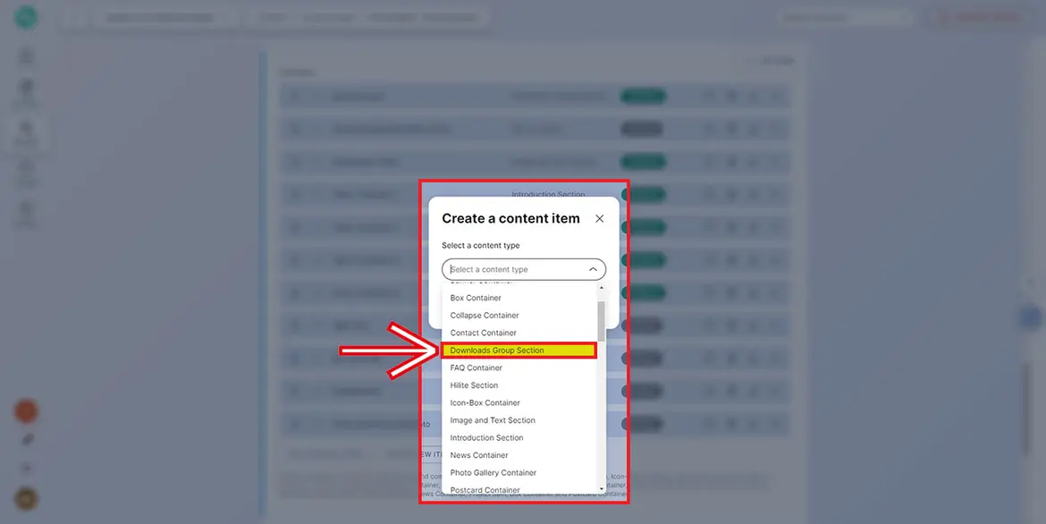 Auswahl „content type“ Auswahl „content type“