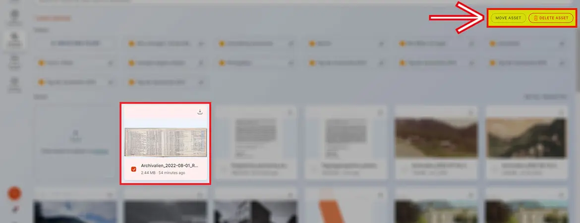 Buttons „Move asset“ und „Delete asset“ Buttons „Move asset“ und „Delete asset“