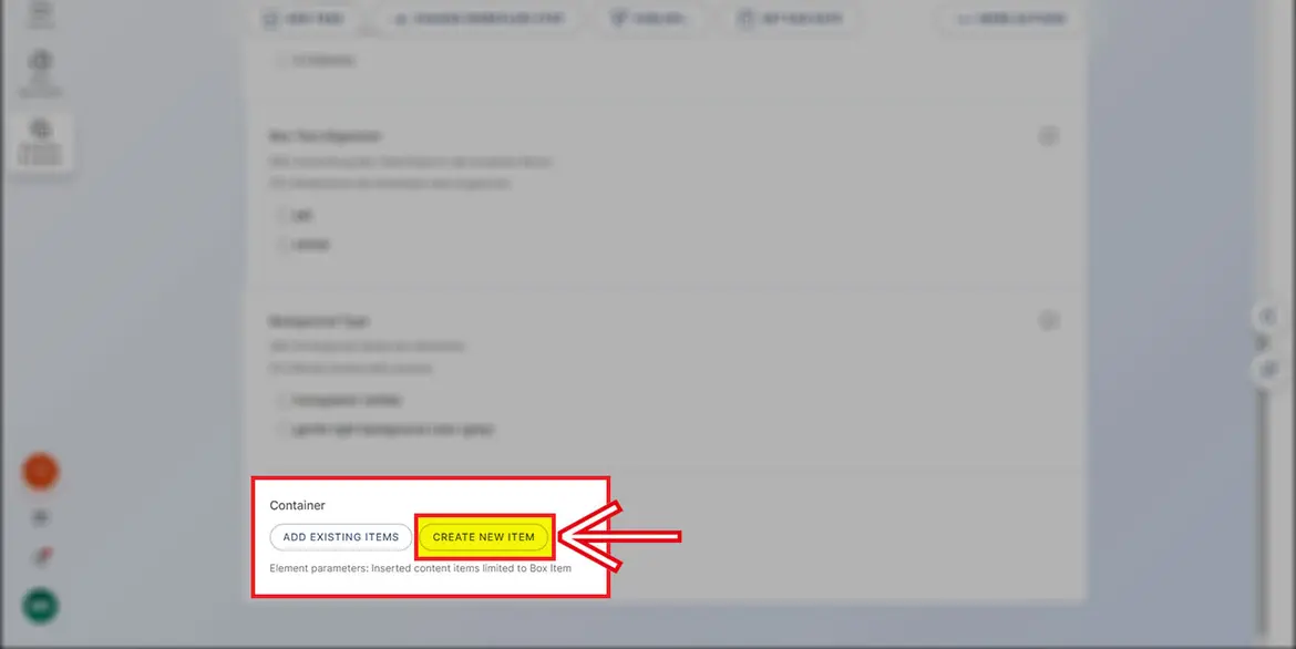 Abschnitt „Container“: Button „Create new item“ Abschnitt „Container“: Button „Create new item“