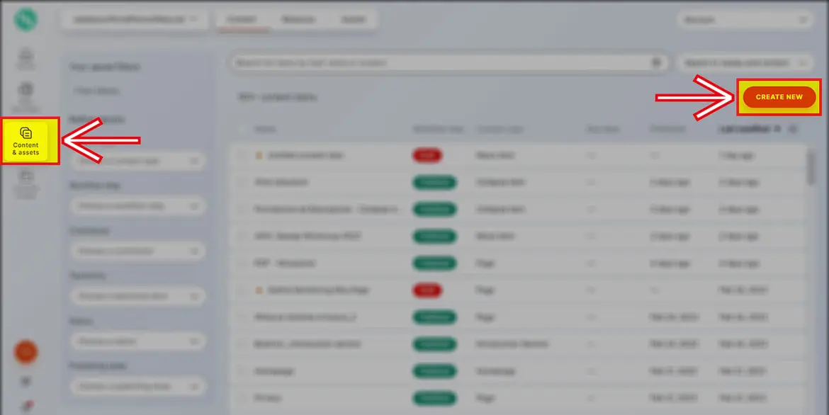 Abschnitt Content & Assets und Button Create new Abschnitt Content & Assets und Button Create new