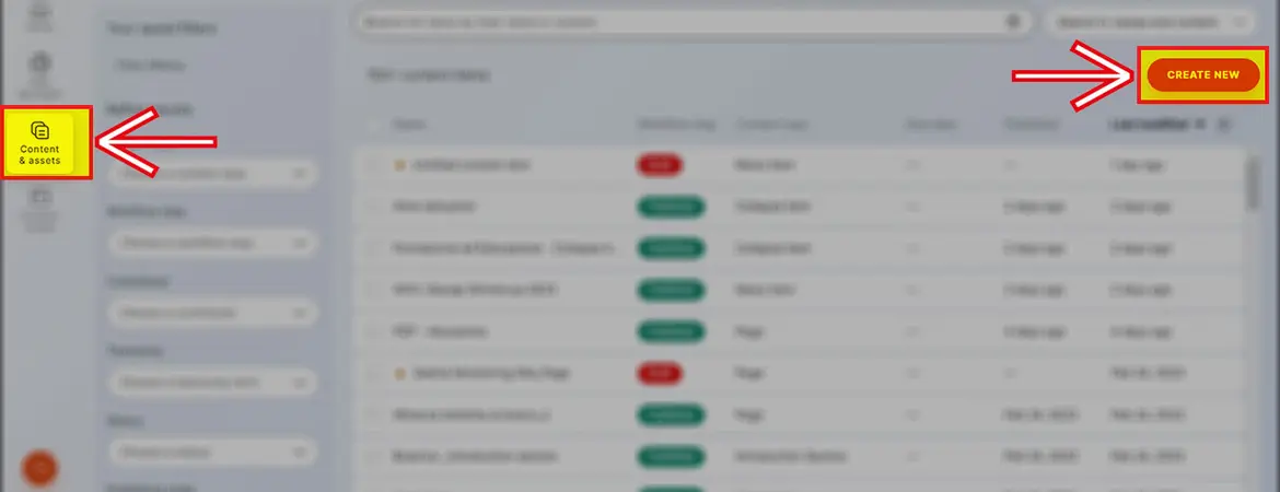 Sezione Content & Assets e bottone Create new Sezione Content & Assets e bottone Create new