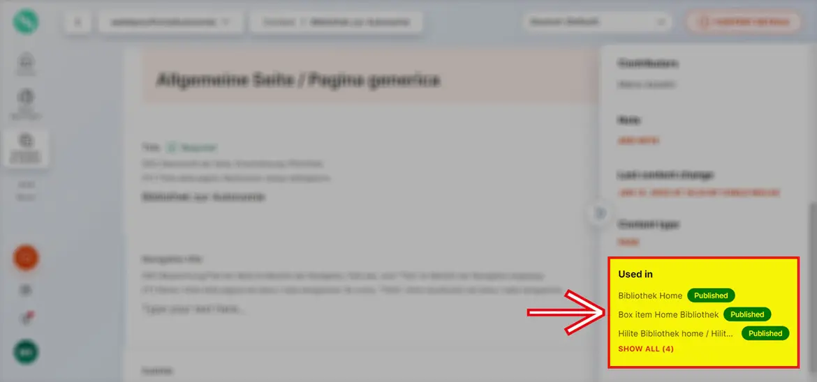 Bereich „Content details“: „Used in“ Bereich „Content details“: „Used in“