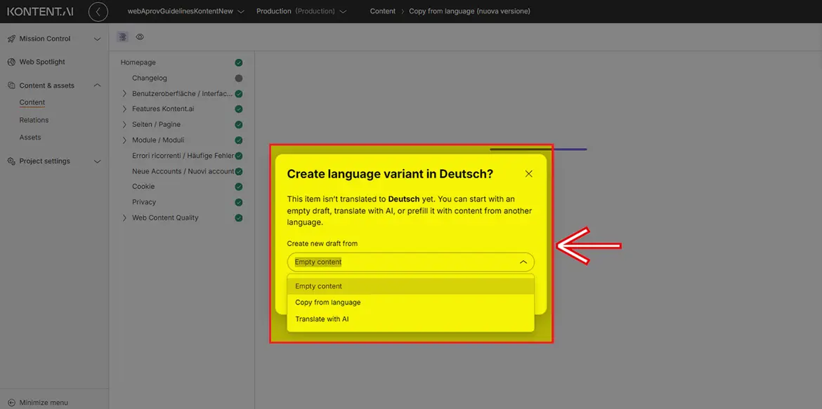 Fenster „Create language variant“ Fenster „Create language variant“