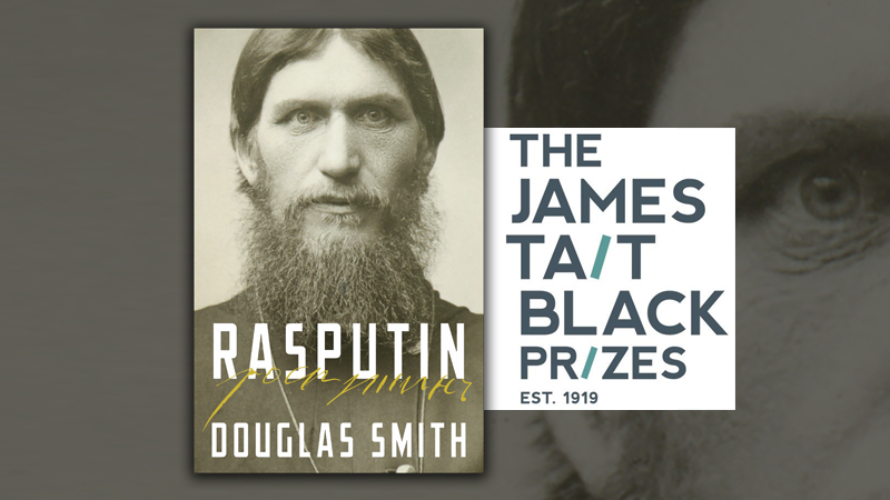 The James Tait Black Awards logo and Rasputin book cover