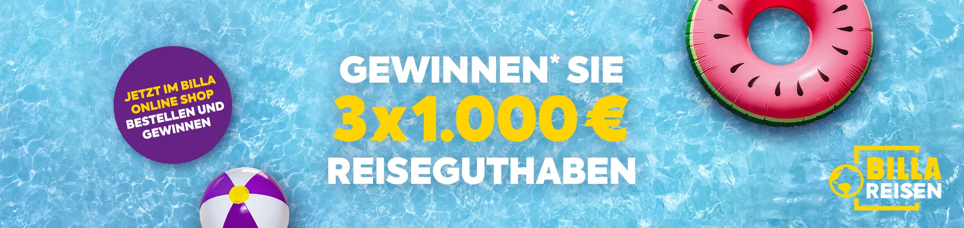 Gewinnen* Sie 3 x 1.000 € Reiseguthaben - Jetzt im BILLA Online Shop bestellen und gewinnen!