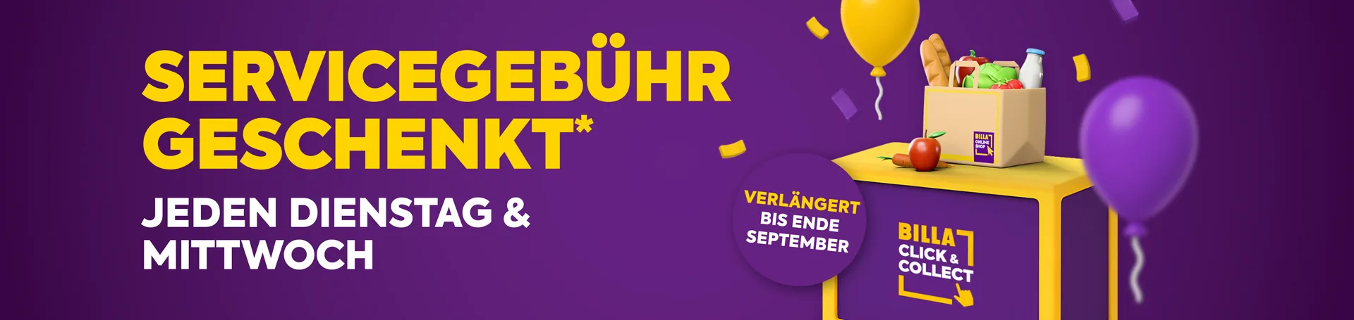 Servicegebühr geschenkt. Bei Click & Collect Abholungen jeden Dienstag & Mittwoch bis Ende September