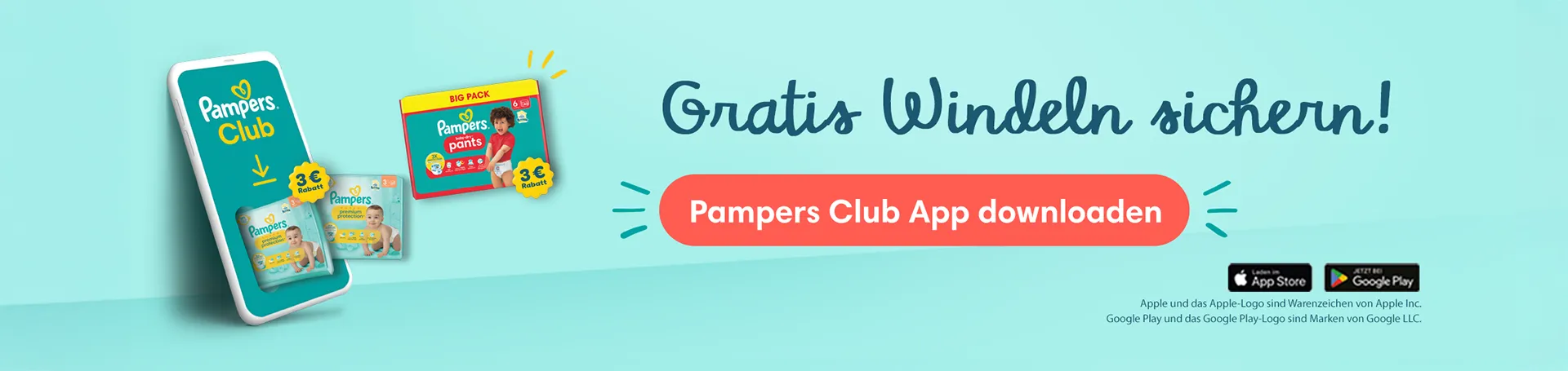 Gratis Windeln Sichern! Pampers Club App downloaden.