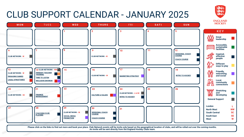 Calendar showing a selection of workshops and network events during January 