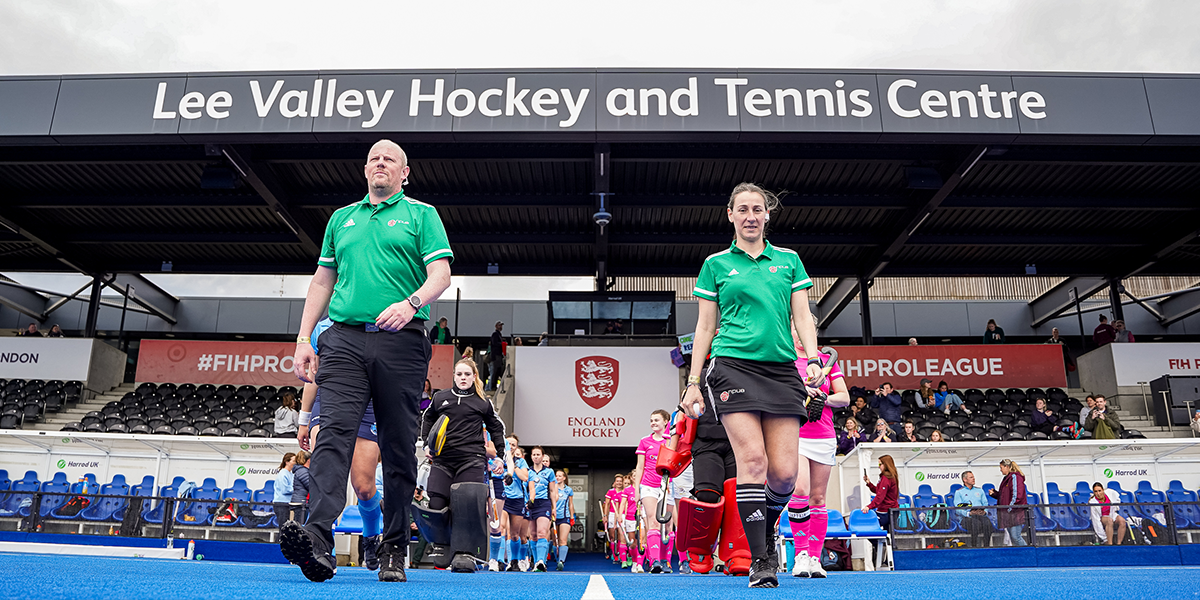 umpires walking out at Lee Valley hockey and tennis centre centre