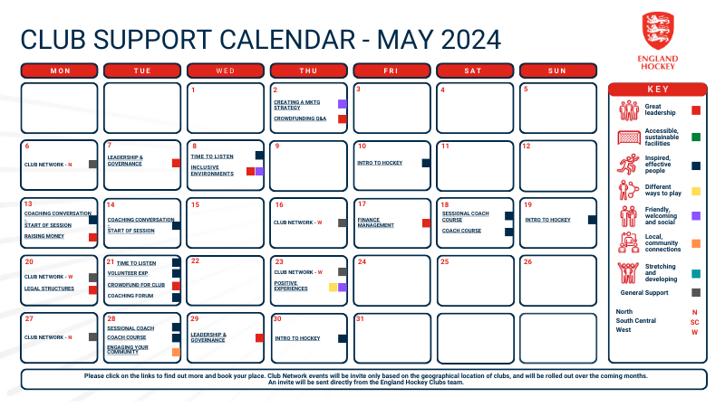 Club Support Calendar detailing workshops, forums and network events for May