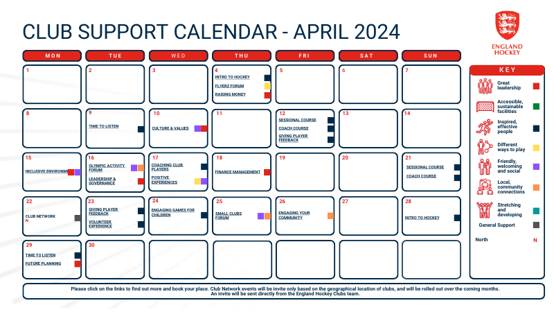 Image of calendar with links to workshops, forums and network events during April