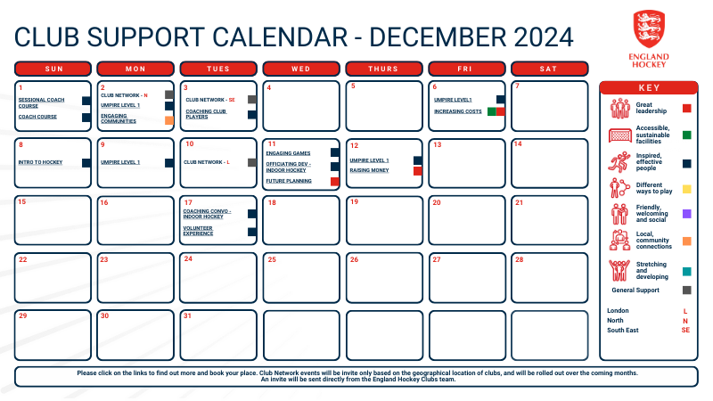 Image of calendar showing a selection of workshops and network events during December 