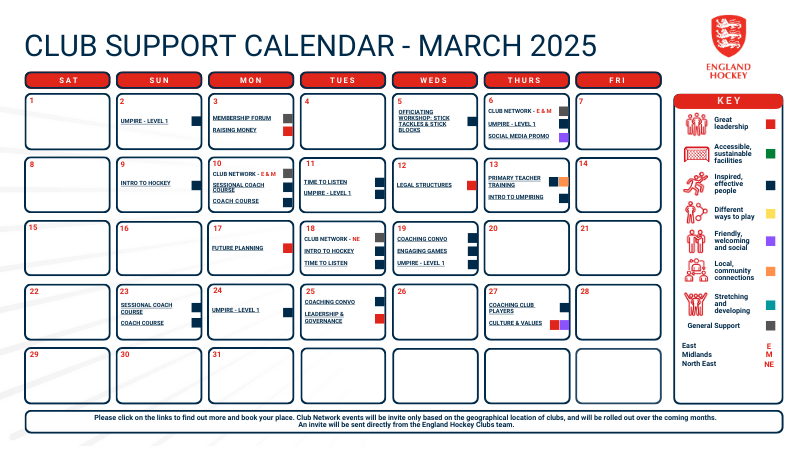 Image of calendar showing a selection of workshops and network events with links to sign up during March