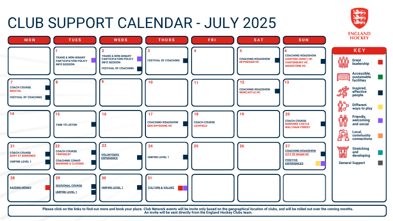 Calendar of club support events and workshops for July
