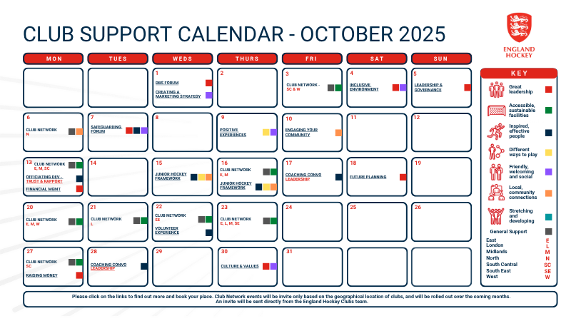 Club support calendar for October detailing workshops and learning opportunities