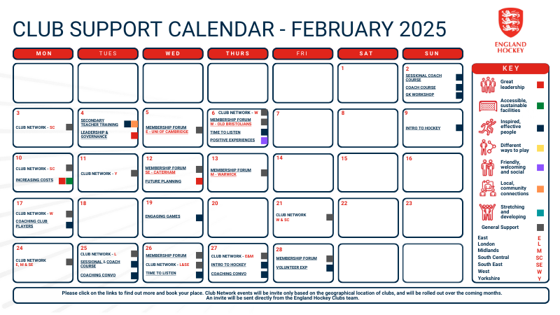 Calendar showing a selection of workshops and network events during February 