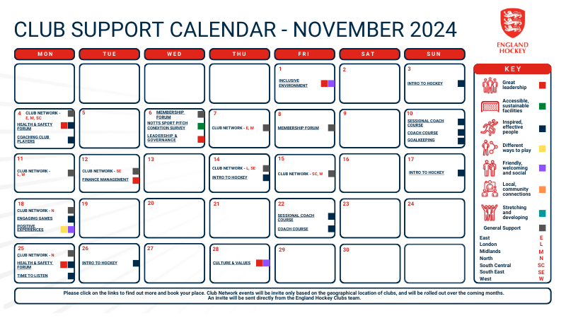 Calendar showing a selection of workshops, forums and network events during November 