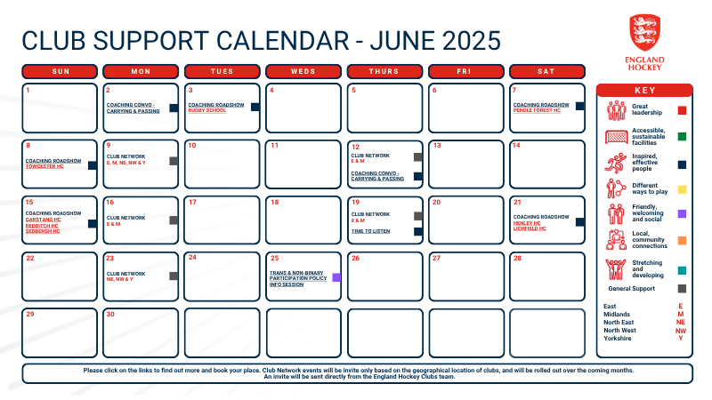 Monthly calendar of club support events and workshops during June