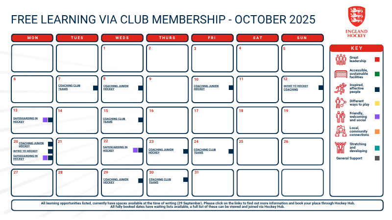 Calendar showing free learning opportunities in October available through England Hockey membership